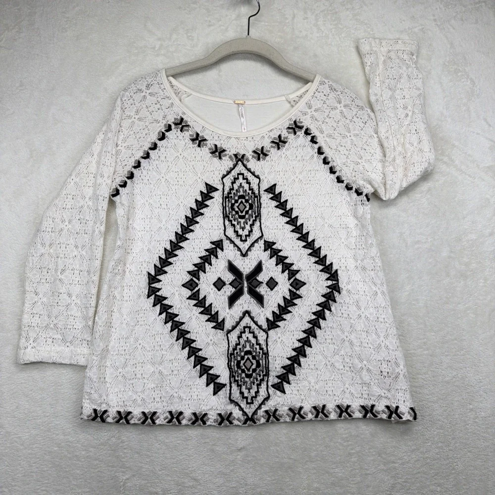 Free People Boho Embroidered Southwestern Knit Top‎ Ivory Black Women's Small